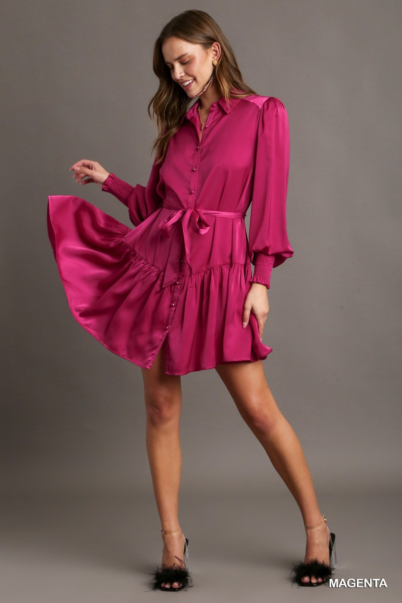 Satin Button Front Tie Dress