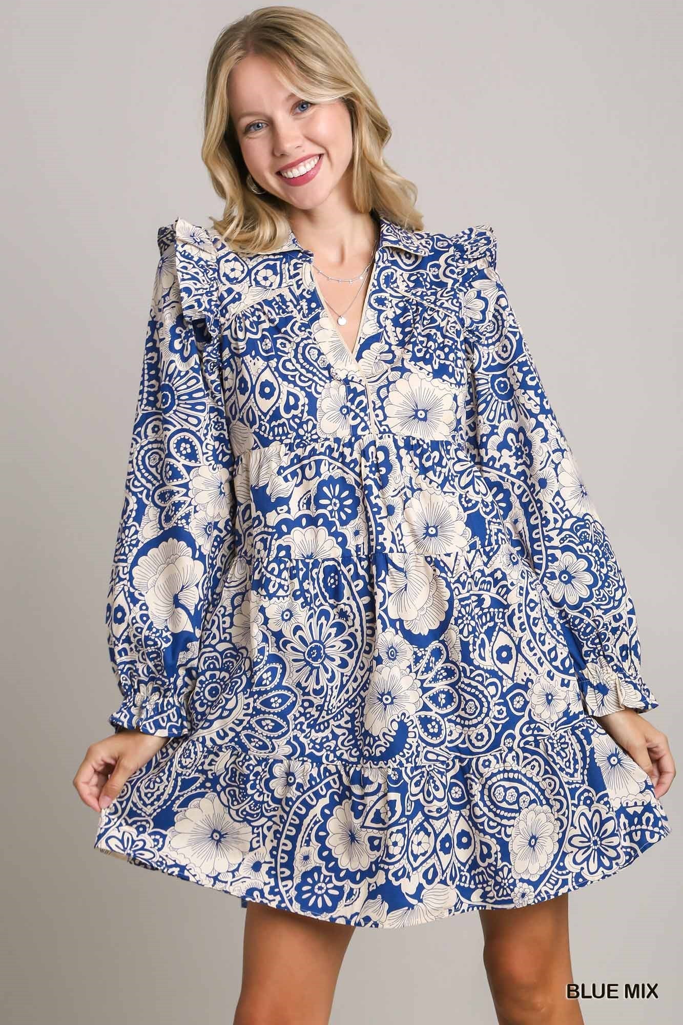 Mixed Print Flutter Ruffle Long Sleeve Dress