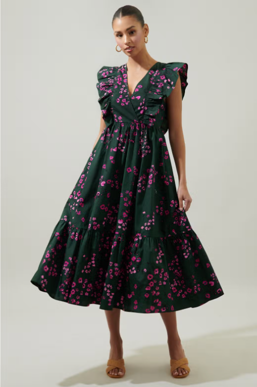 Anissa Floral Fairness Poplin Suplice Midi Dress