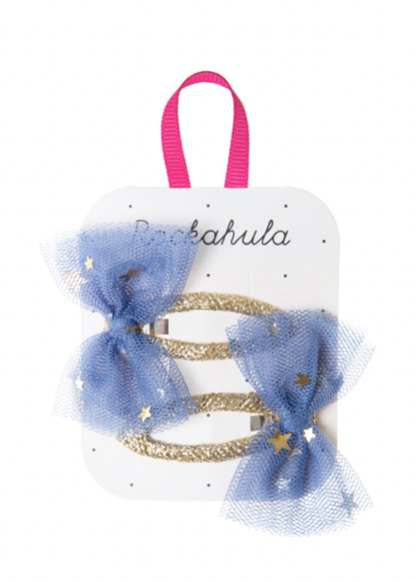 Blue Tulle Bow Barrettes