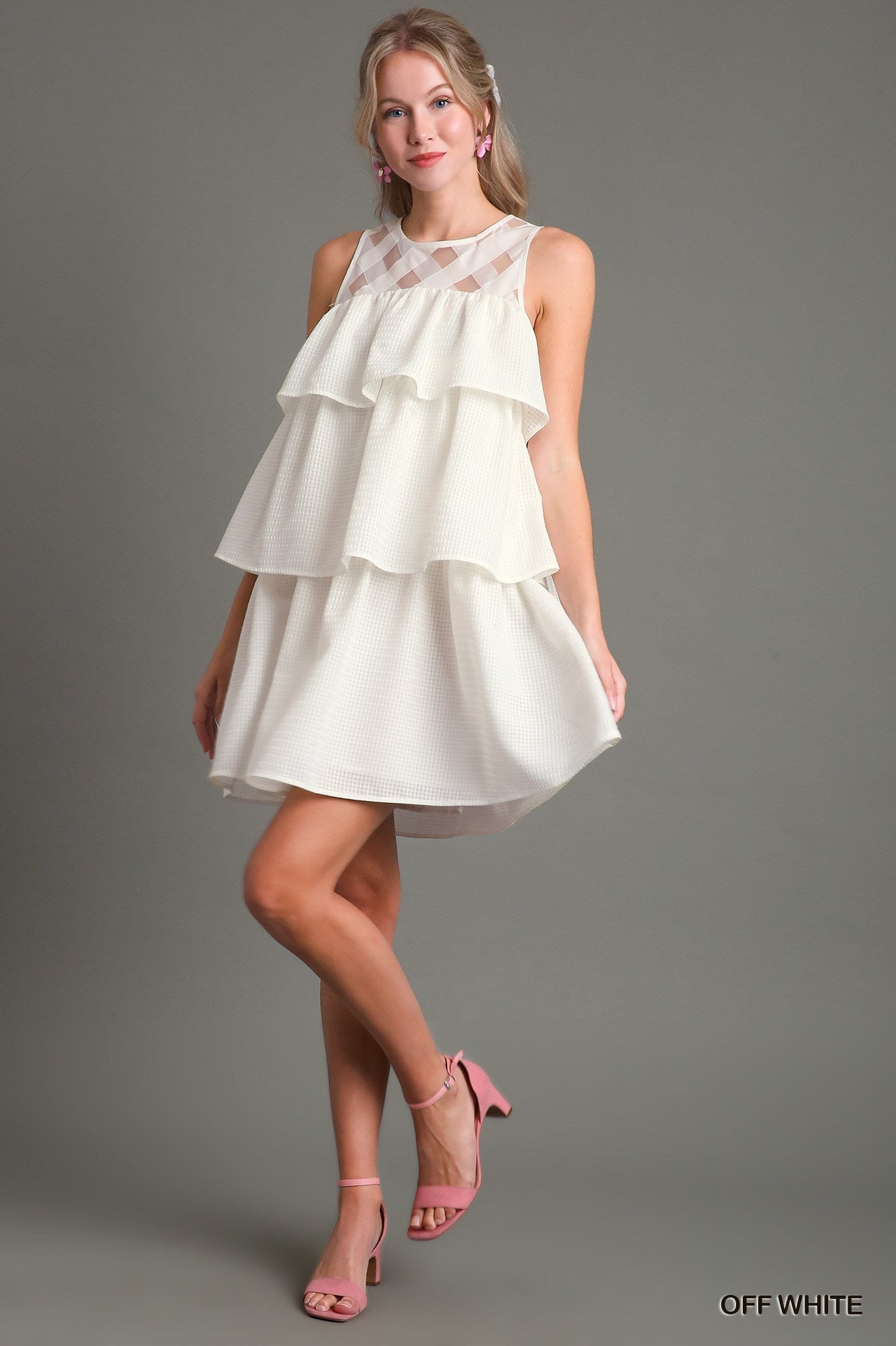 Basketweave Organza Tiered Sleeveless White Dress