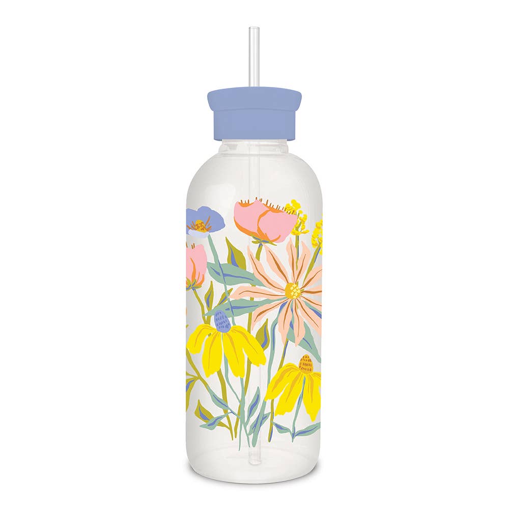 Springtime Blooms Glass Water Bottle with Straw